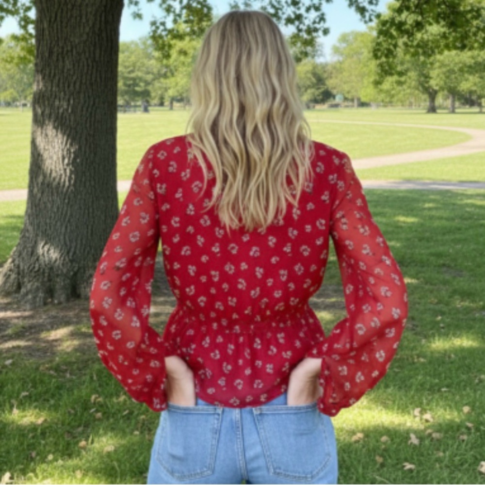 Madewell Red Lilies Floral Peplum Top - Picture 2 of 10